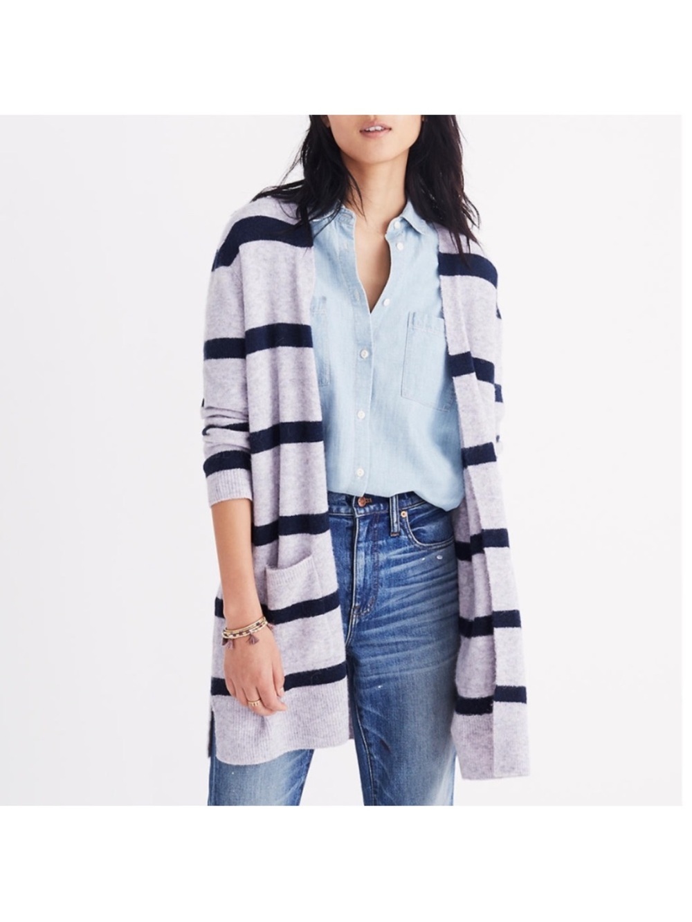 Madewell Marino Wool Alpaca Long Line Cardigan Sweater Navy Stripe Gray Size L